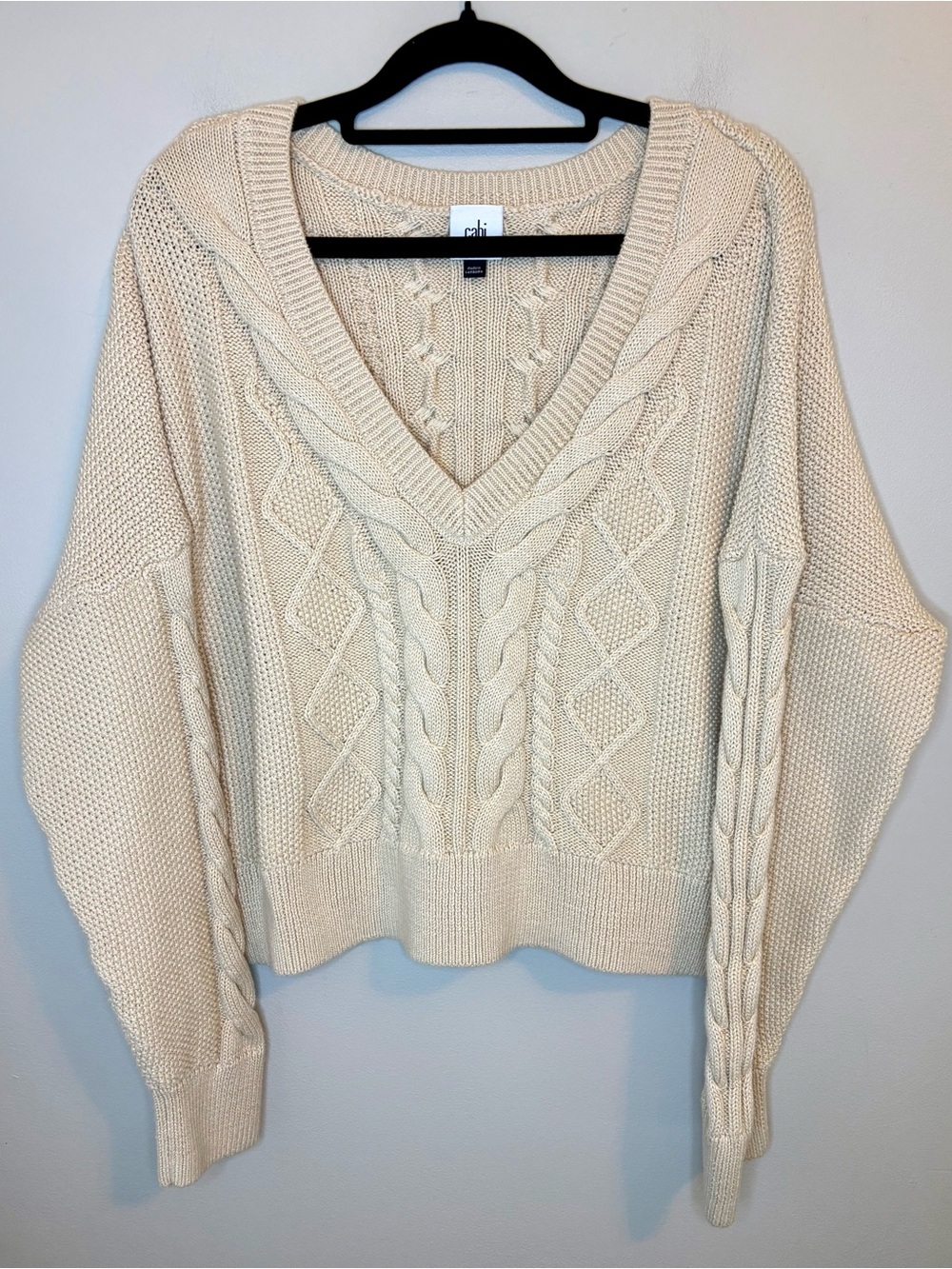 Cabi Cropped Cable Pullover 5636 XL Cream V Neck Oversized Sweater
